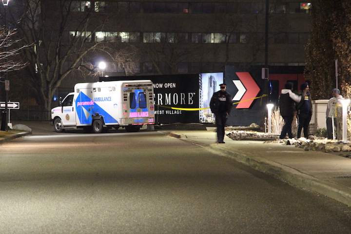Police block off a large area outside an Eva Road condo Friday morning.