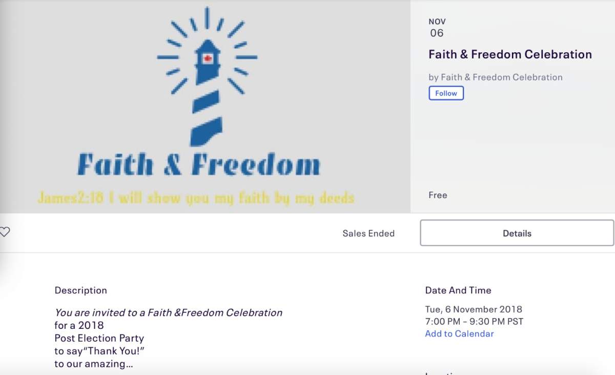 A copy of the invitation sent out to the Faith and Freedom Celebration in 2018.
