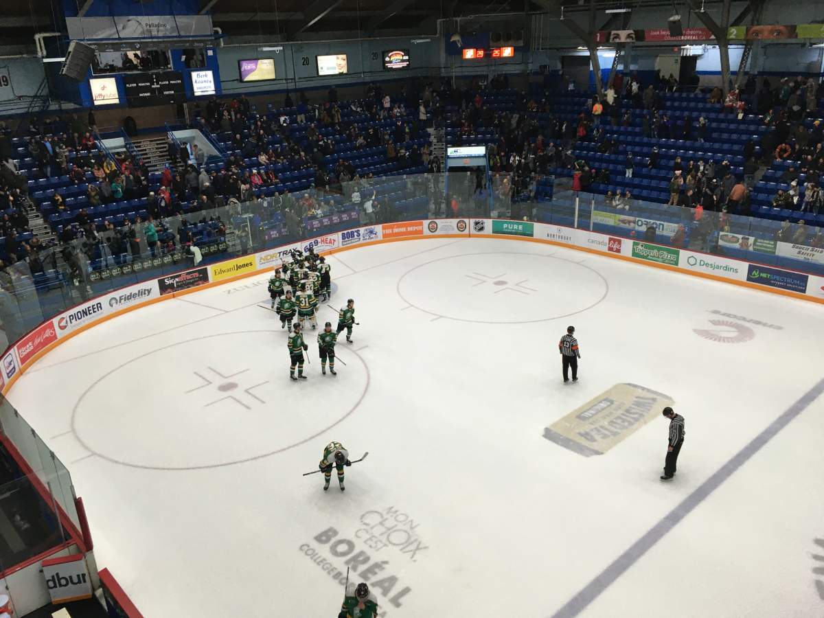The London Knights congratulate goaltender Brett Brochu on a 29-save shutout against the Sudbury Wolves on Dec. 20, 2019.