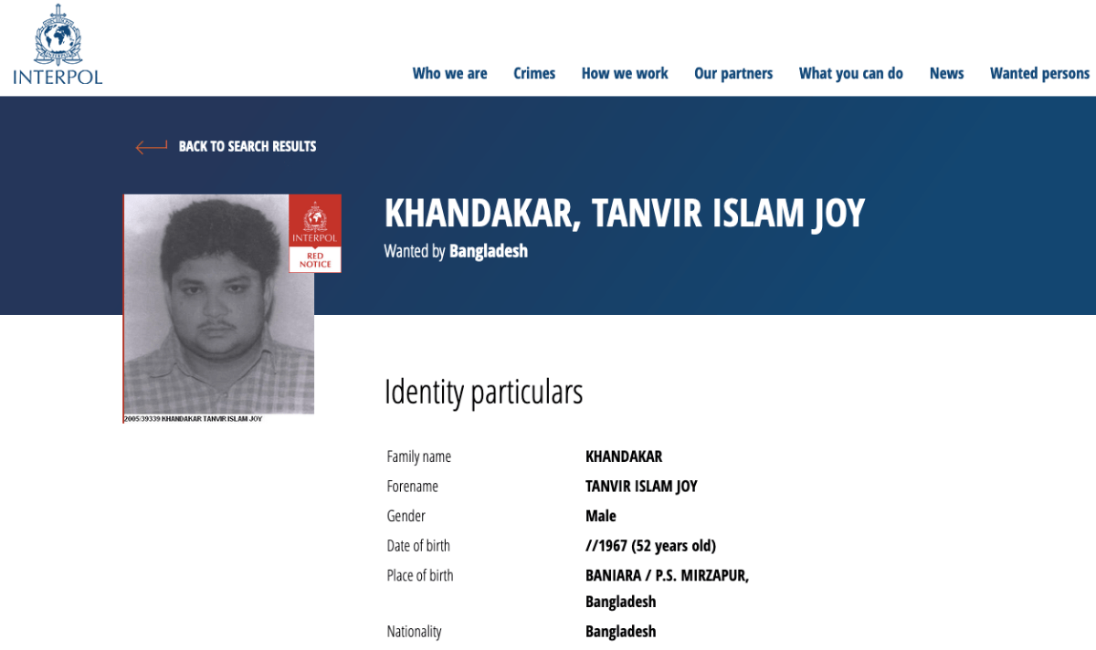 Interpol notice for Tanvir Islam “Joy” Khandekar, wanted by Bangladesh Police for murder.