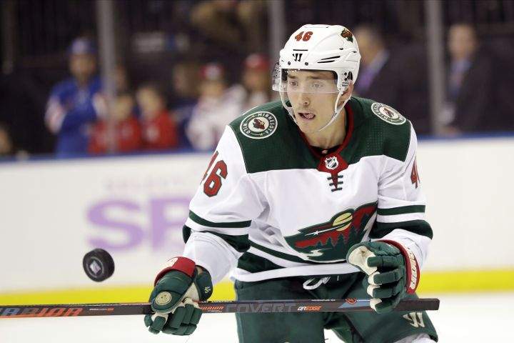 In this Nov. 25, 2019 file photo, Minnesota Wild's Jared Spurgeon watches the puck during the second period of an NHL hockey game against the New York Rangers in New York. 