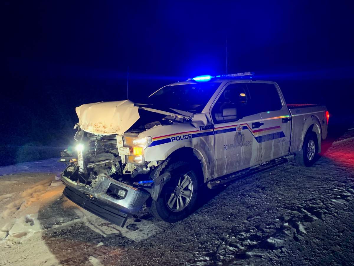 Killam RCMP are looking for suspects after an RCMP vehicle was rammed by a truck it had been trying to stop.
