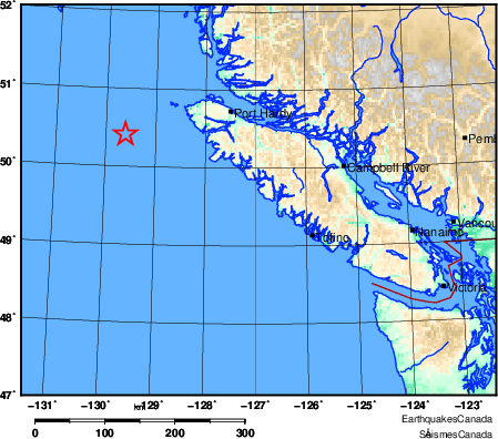 The location of the earthquake that struck near Vancouver Island on Dec. 25, 2019 at 8:25 a.m.