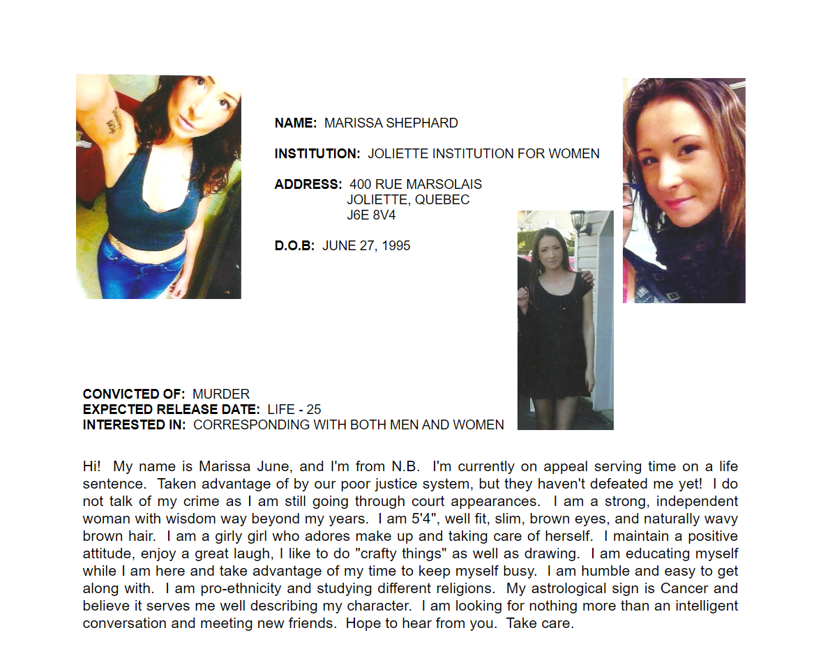 A screen grab of Marissa Shephard’s profile on Canadian Inmates Connect Inc.