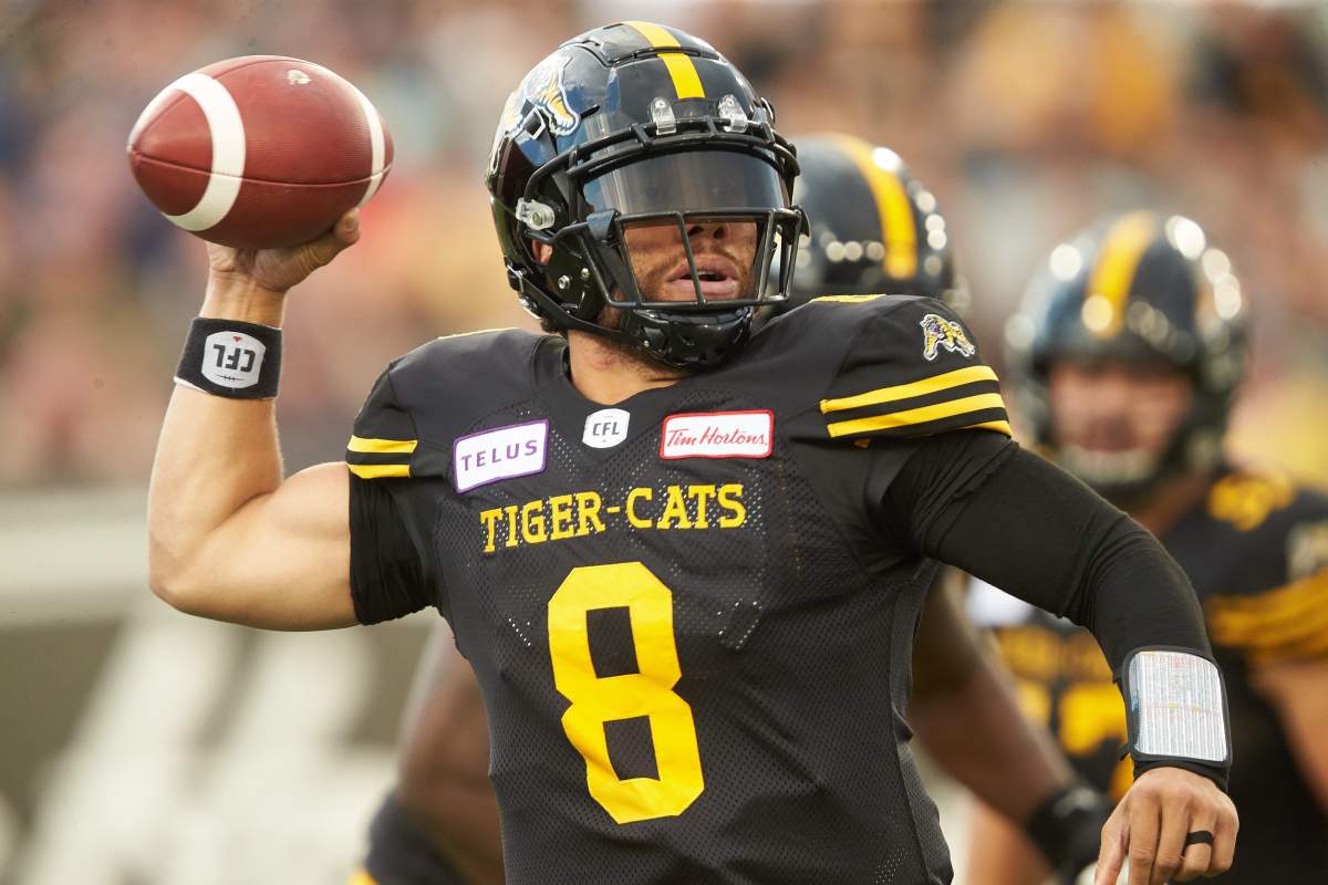 Hamilton quarterback  Jeremiah Masoli looks for a receiver during second quarter CFL action between the Ticats and the Calgary Stampeders in Hamilton, Ontario on Saturday, July 13, 2019.
