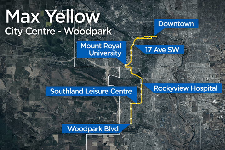 A map of the destinations along the MAX Yellow BRT route, set to launch of Dec. 23. 