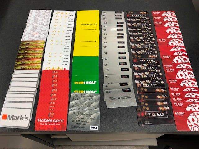 The Morden Police Service display illicitly-obtained gift cards. Staff/Morden Police Service.