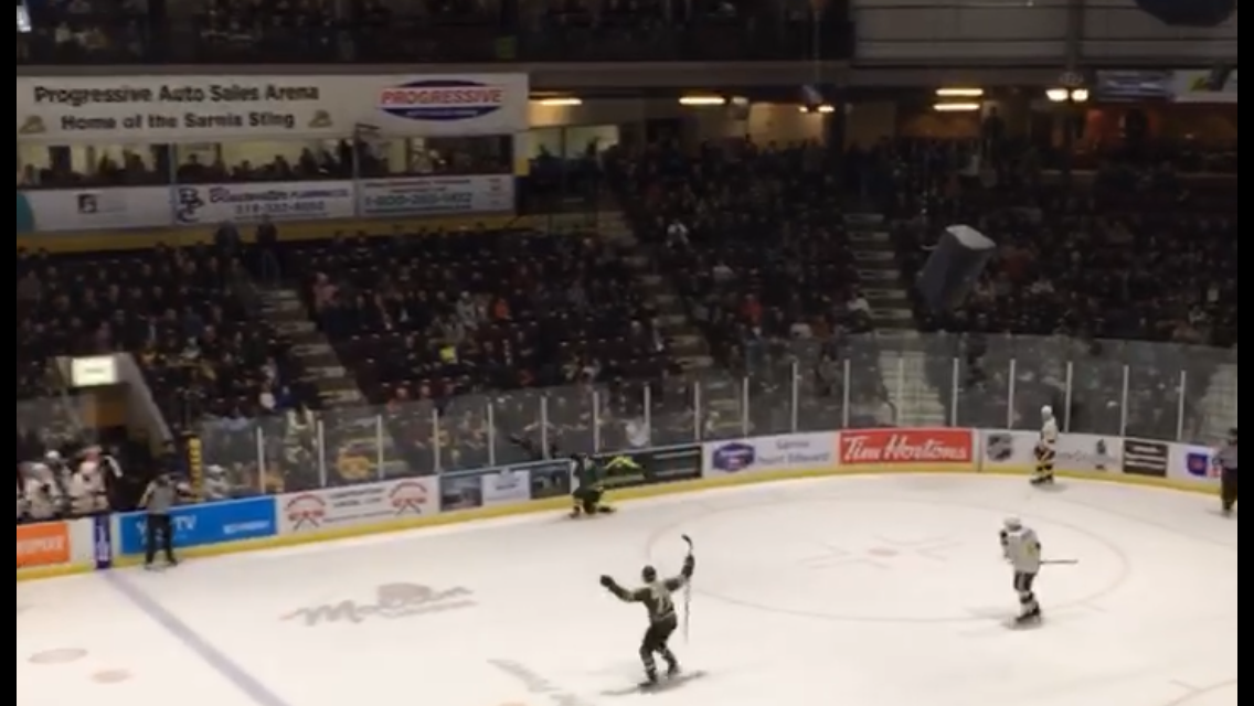 Sarnia, Ont. - Billy Moskal of the London Knights celebrates his Overtime winning goal as the Knights defeated the Sting 4-3 on December 29, 2019.