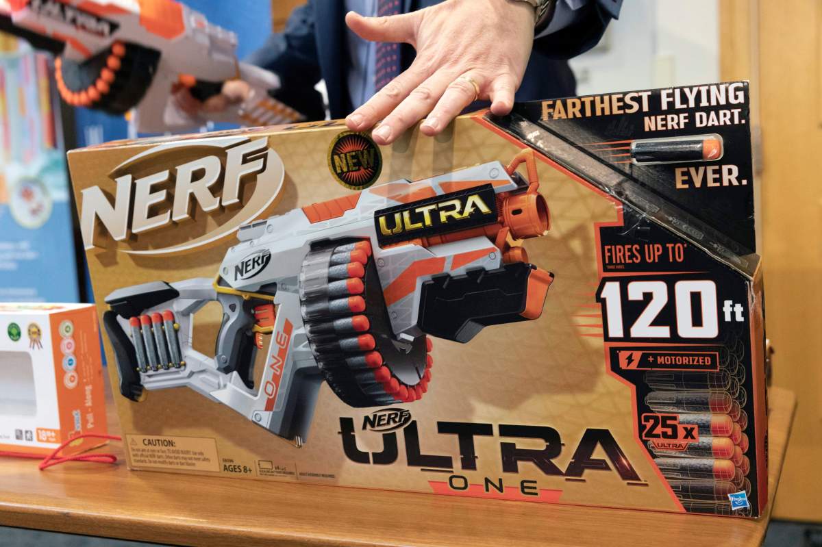 James Swartz, director of World Against Toys Causing Harm, talks about the dangers of the Nerf Ultra One, during a news conference in Boston, Tuesday, Nov. 19, 2019. The organization says the Nerf Ultra One gun, which is billed as firing soft darts up to 120 feet, shoots the projectiles with enough force to potentially cause eye injuries.