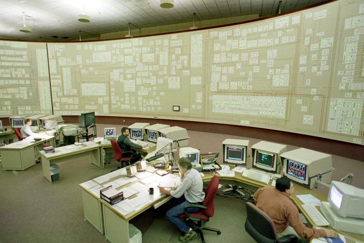 The power grid is lit in the final days of Y2K testing at the Niagara Mohawk Power Company control facility in Buffalo, N.Y., Dec. 28, 1999.