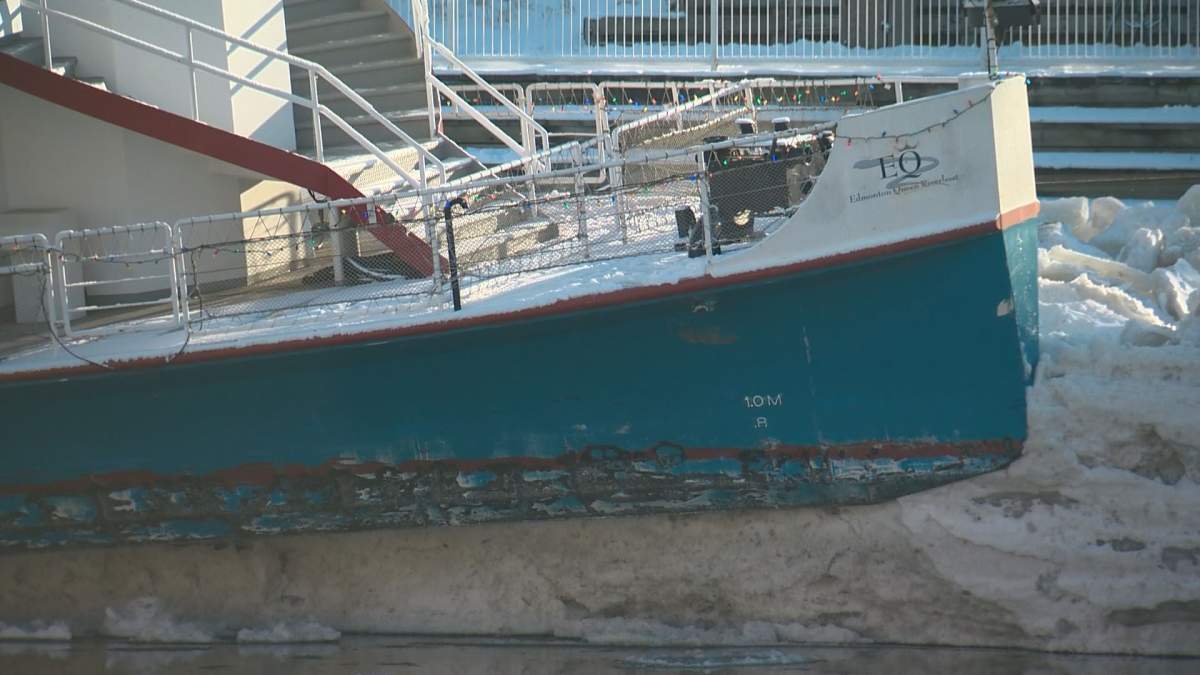 Edmonton Riverboat shoved into ice on North Saskatchewan River on Thursday, Dec. 5, 2019.