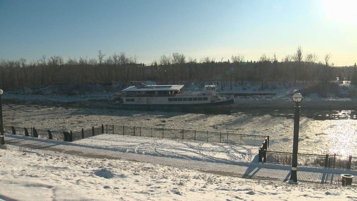 Edmonton Riverboat shoved into ice on North Saskatchewan River on Thursday, Dec. 5, 2019.