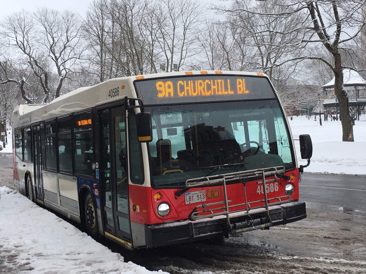 A Saint John Transit bus pulls up to a stop in the city's King's Square.