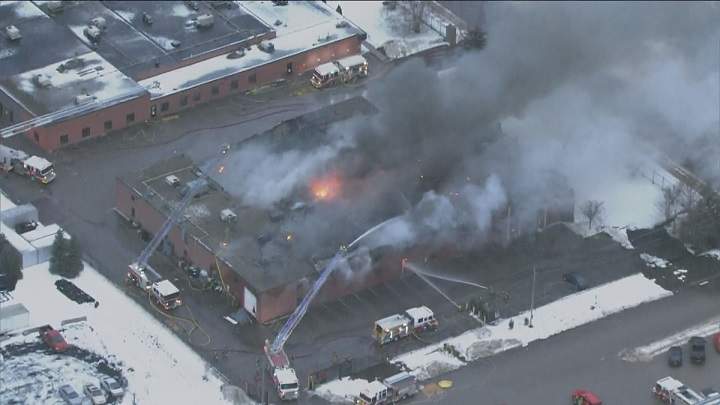 An aerial view of the fire that broke out in Schomberg on Monday morning.