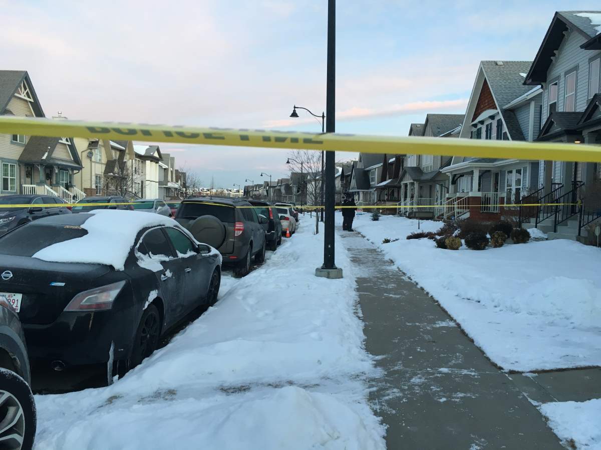 Calgary police investigate a shooting in the 200 block of Elgin Meadows Gardens on Friday, Dec. 6, 2019.