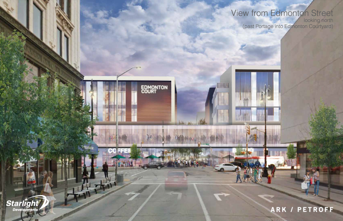 The street view looking north at the proposed new development at Portage Place.