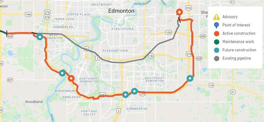 Map showing the current Trans Mountain Pipeline and the route for the replacement section around Edmonton.