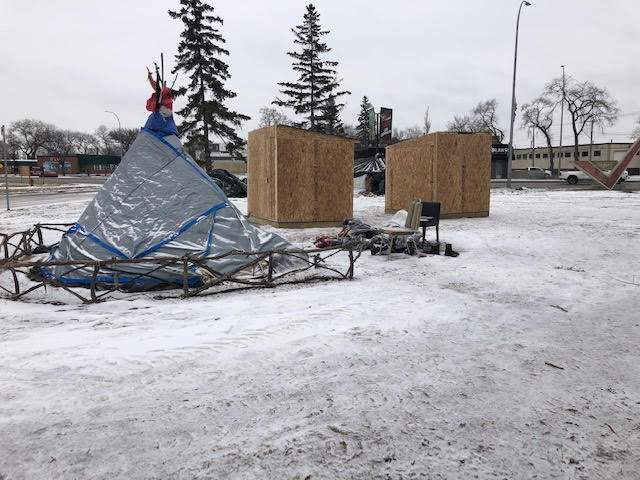 The since-removed warming huts. 
