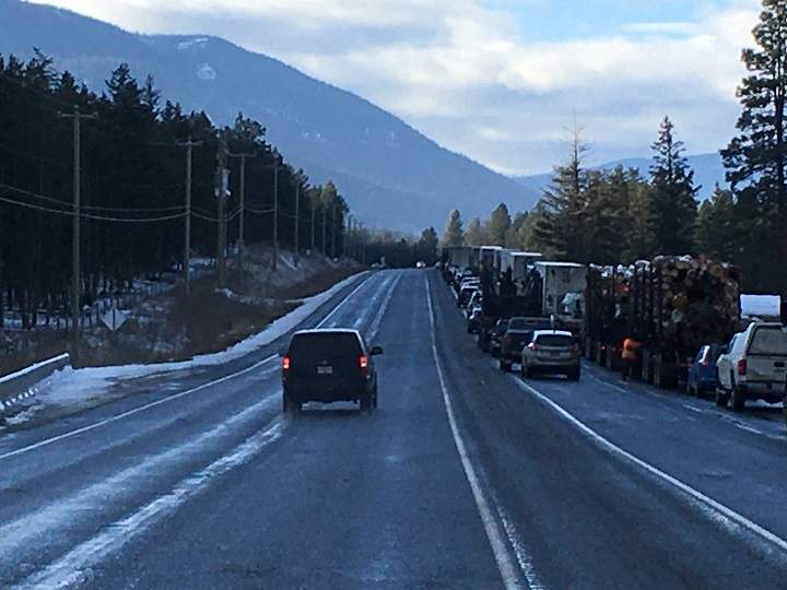 Traffic is backed up along Highway 97 near Westwold.