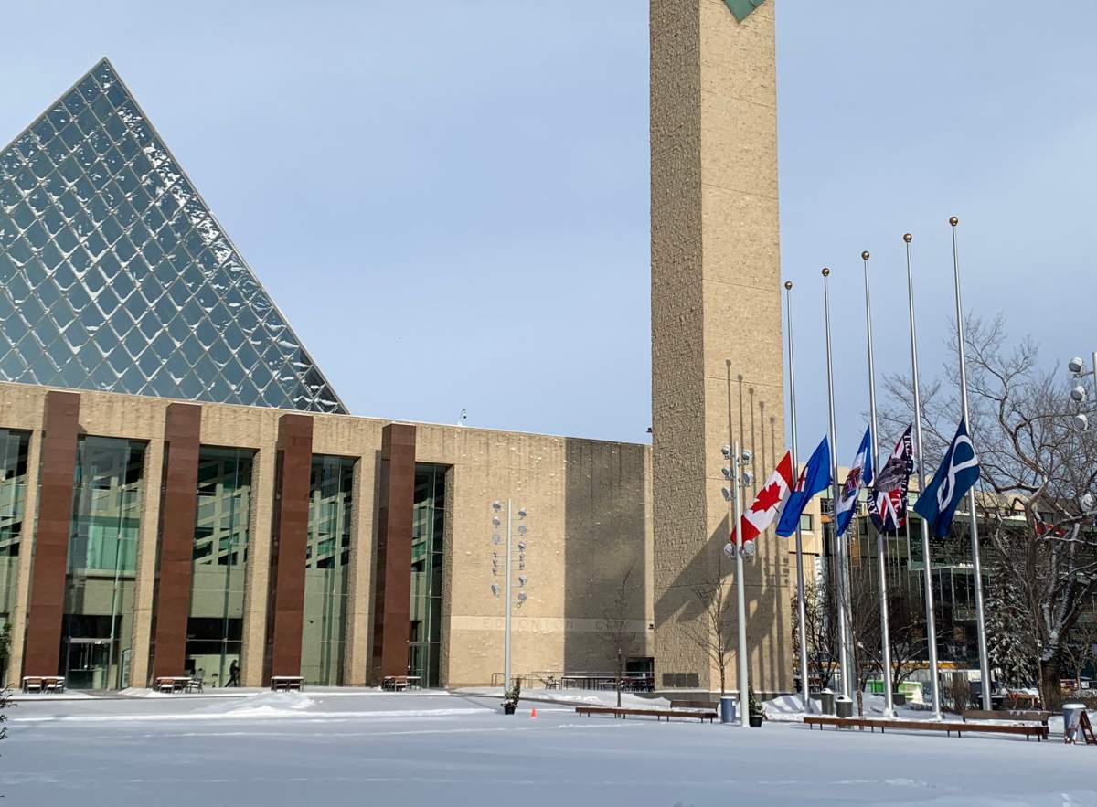 Flags lowered at Edmonton City Hall on Wednesday, Jan. 8, 2020 to honour the victims of the Tehran plane crash.