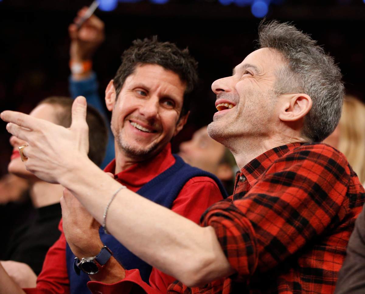 (L-R) Beastie Boys: Mike Diamond and Adam Horovitz during a game between the New York Knicks and the Golden State Warriors at Madison Square Garden in New York City on Jan. 31, 2016.