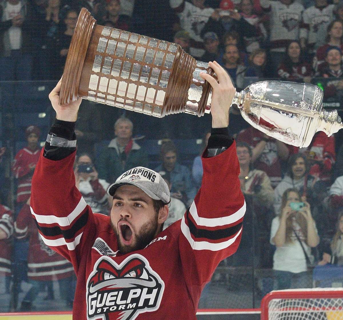 Markus Phillips celebrates his OHL championship with the Guelph Storm.
