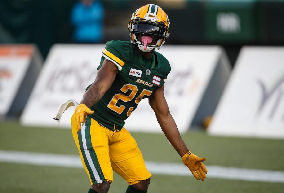 Edmonton Eskimos’ Shaquille Cooper (25) celebrates a touchdown during first half CFL action against the B.C. Lions, in Edmonton on Saturday, Oct. 12, 2019.