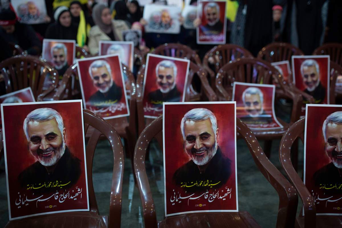 Posters of slain Iranian Revolutionary Guard Gen. Qassem Soleimani are placed on chairs as supporters of Hezbollah leader Sayyed Hassan Nasrallah gather for his televised speech in a southern suburb of Beirut, Lebanon, Jan. 5, 2020.
