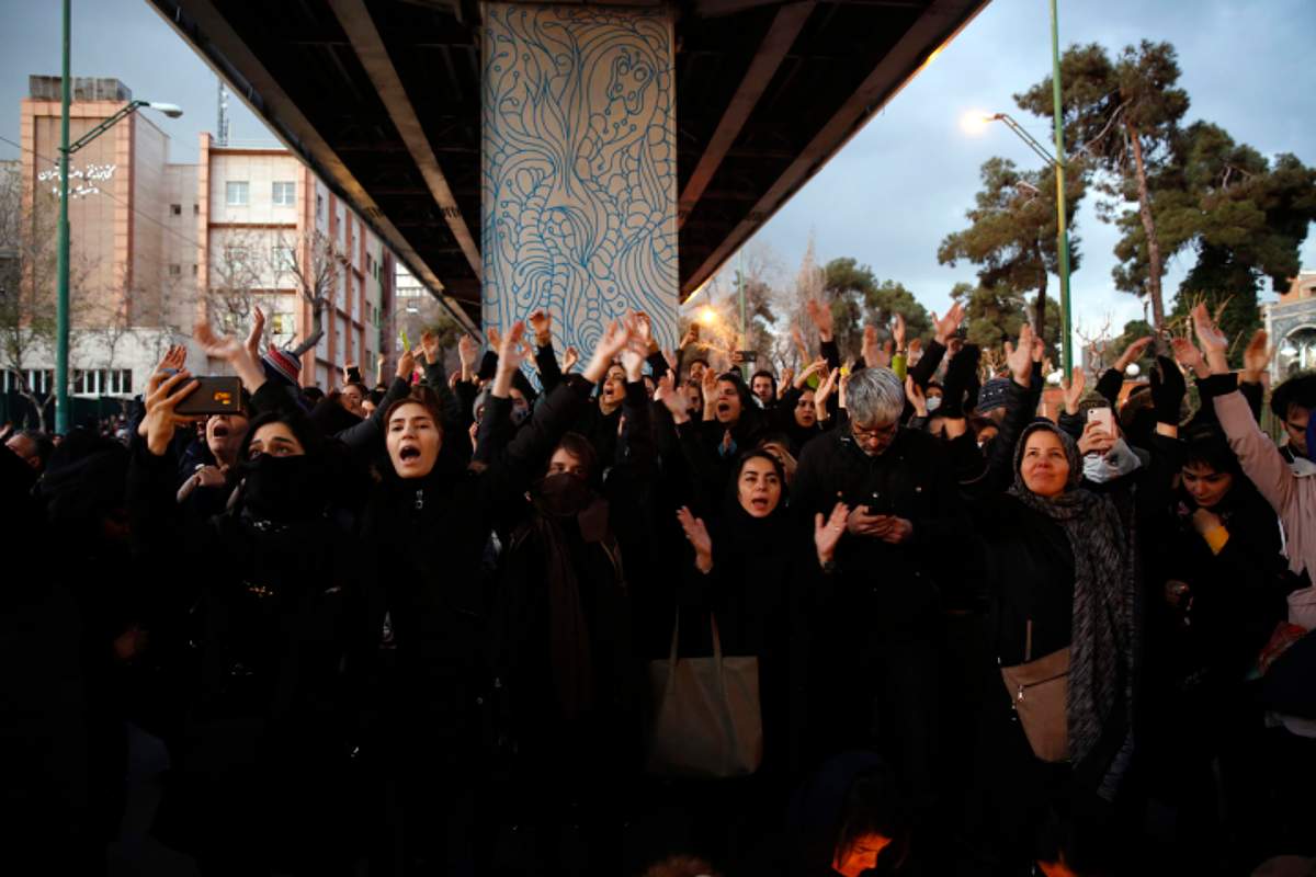 Iranians protest to show their sympathy to victims of Ukraine International Airlines Boeing 737-800 in front of the Amir Kabir University in Tehran, Iran, 11 January 2020.