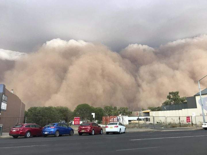 In this Sunday, Jan. 19, 2020, photo, a dust cloud billows over a street in Dubbo, Australia, 400 kilometres west of Sydney.