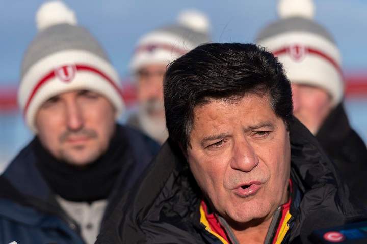 Unifor national president Jerry Dias speaks at a press conference in Regina on Tuesday, January 21, 2020. Dias along with other Unifor members were arrested Monday night while blockading the Co-op Refinery.