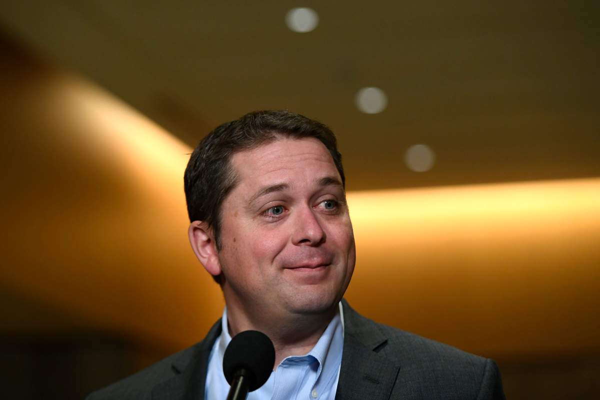 Conservative leader Andrew Scheer speaks to reporters after a meeting of the Conservative national caucus on Parliament Hill in Ottawa on Jan. 25, 2020. 