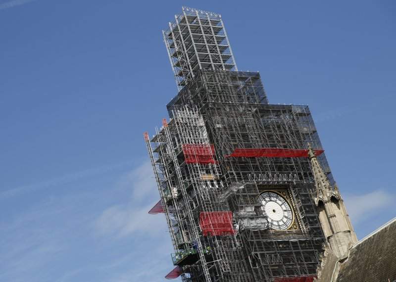 FILE - In this Tuesday, April 17, 2018 file photo, scaffolding surrounds the Queen Elizabeth Tower, which holds the bell known as Big Ben, in London. 