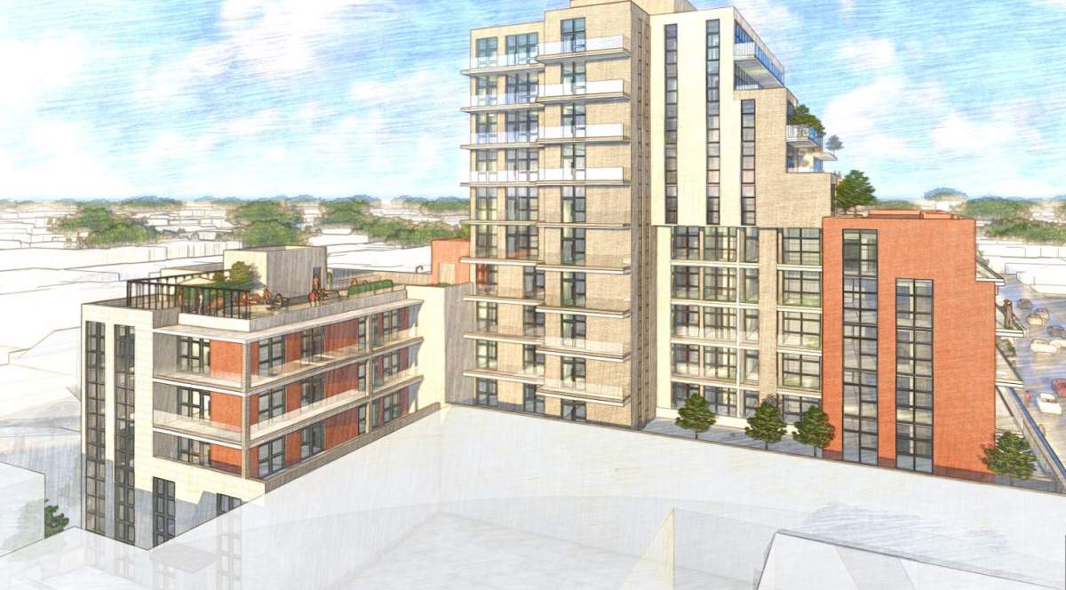 The revised 12-storey downtown condo project includes 147 residential units and 96 on-site parking spaces, along with a stepped-back design on the upper floors.
