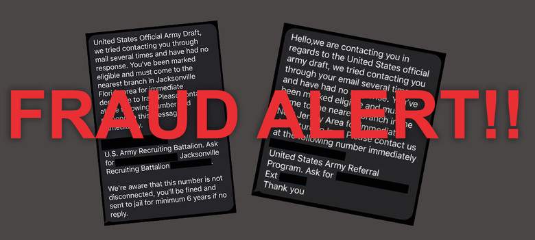 Fraudulent text messages about a military draft are shown in this image released on Jan. 7, 2020.