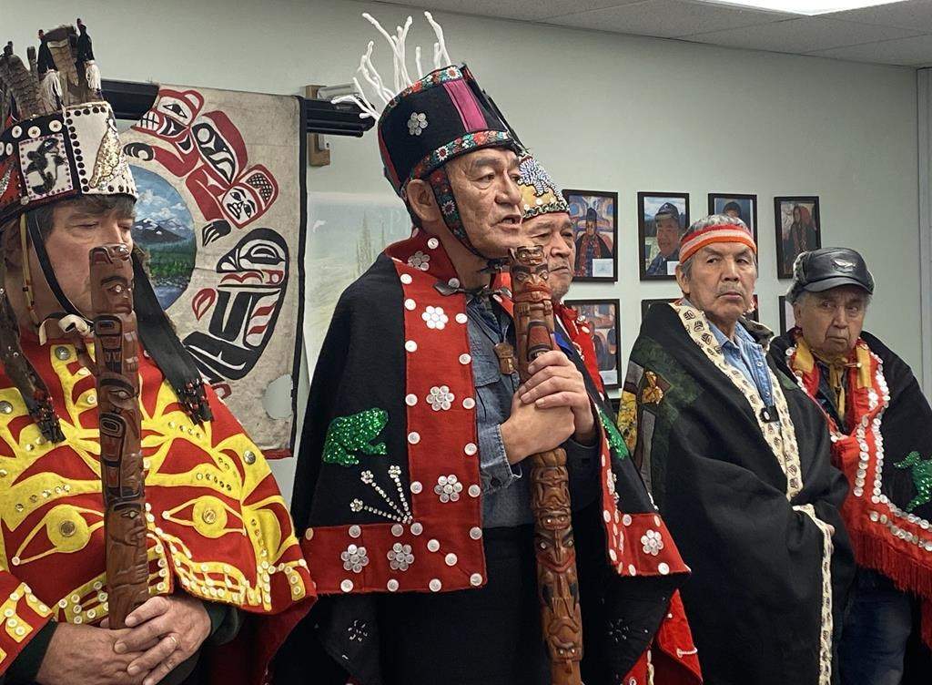 Na'moks (centre), a spokesman for the Wet'suwet'en hereditary chiefs, says they will not meet with representatives of a natural gas company that wants to build a pipeline through the First Nation's traditional territory.
