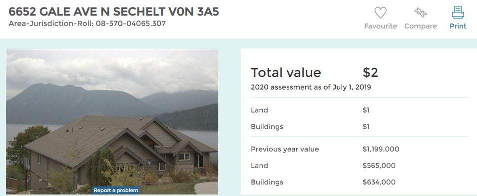 One example of the latest assessments to be reported for properties in the Seawatch subdivision of Sechelt, B.C., for 2020.