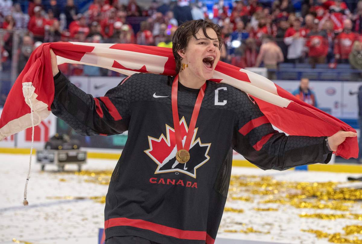 Canada's captain Barrett Hayton celebrates after defeating Russia 4-3 in the gold medal game at the World Junior Hockey Championships, Sunday, Jan. 5, 2020, in Ostrava, Czech Republic.