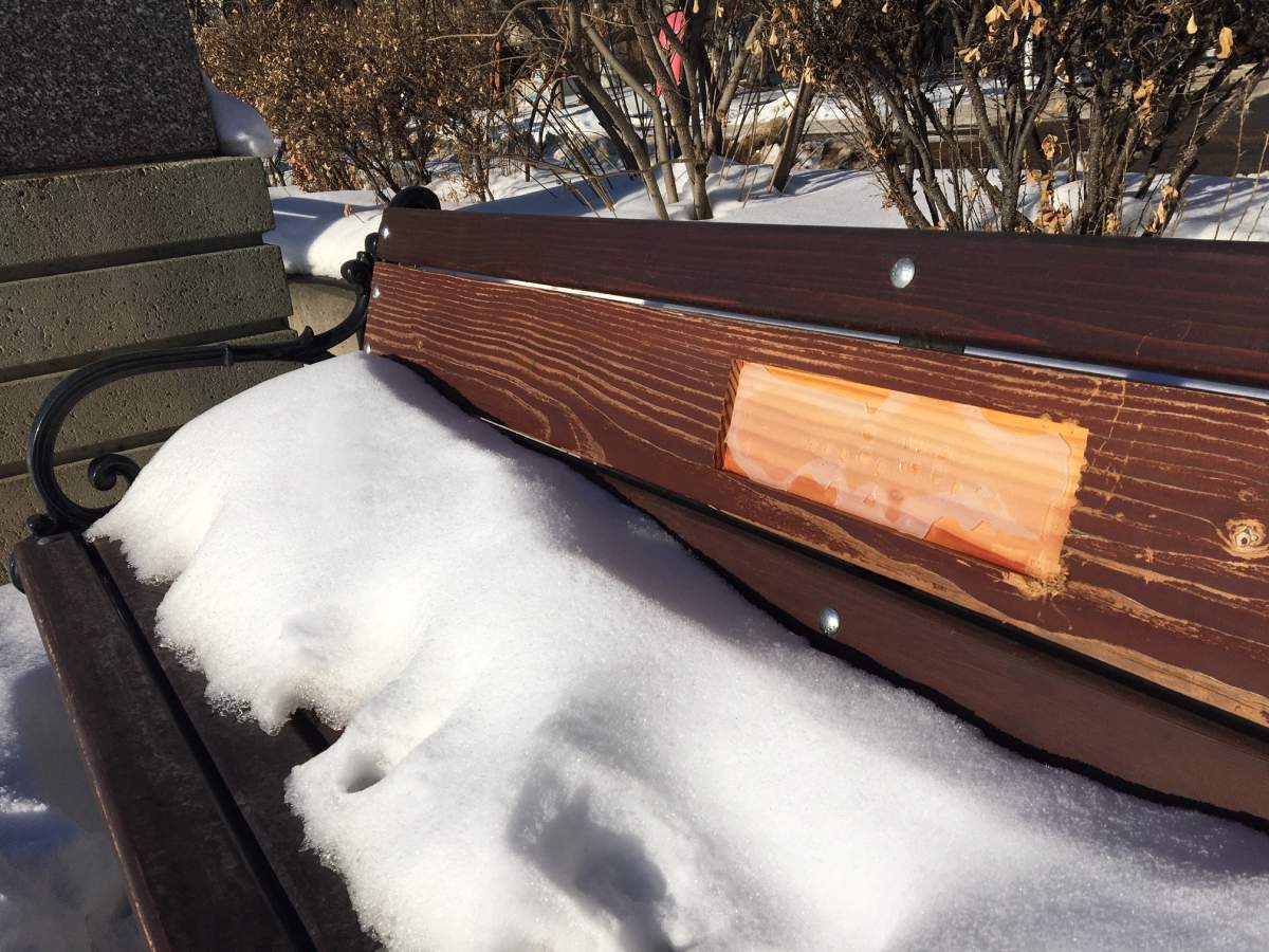 Image of a bench at the Victoria promenade were a memorial plaque was stolen.