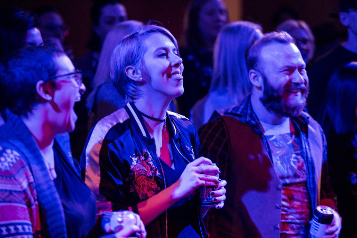 Festival-goers dance at a performance at Festival Hall during Block Heater 2019.