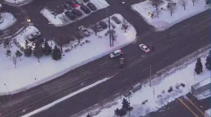 An aerial view of the road closures on Airport Road in Brampton.