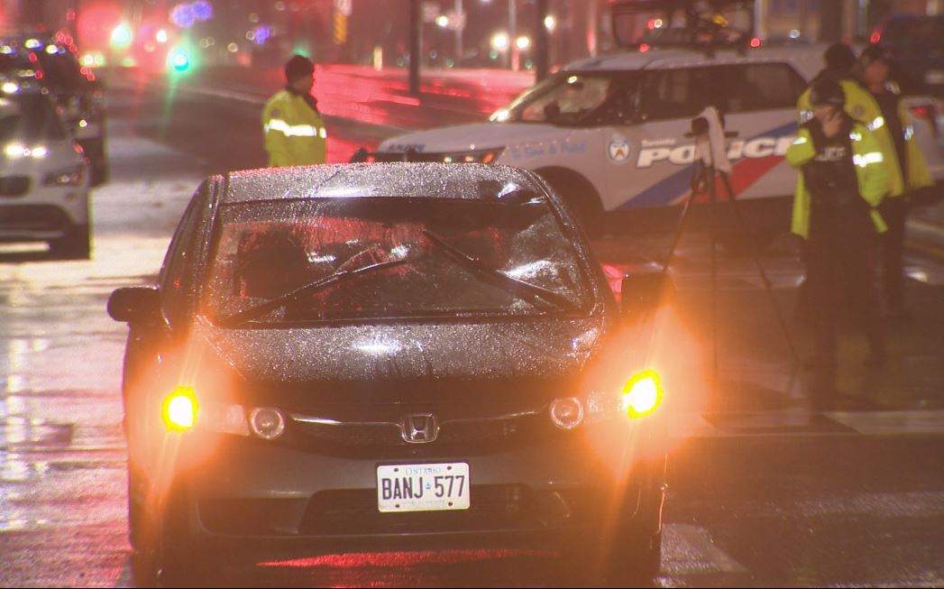 The vehicle involved in the collision is seen with heavy damage to the front and the rear.