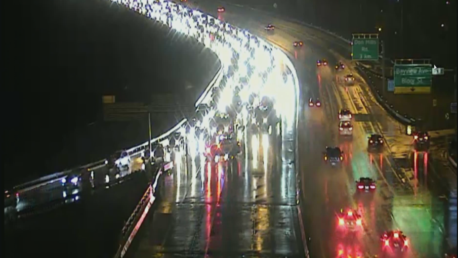 Vehicles can be seen being diverted off the Don Valley Parkway.