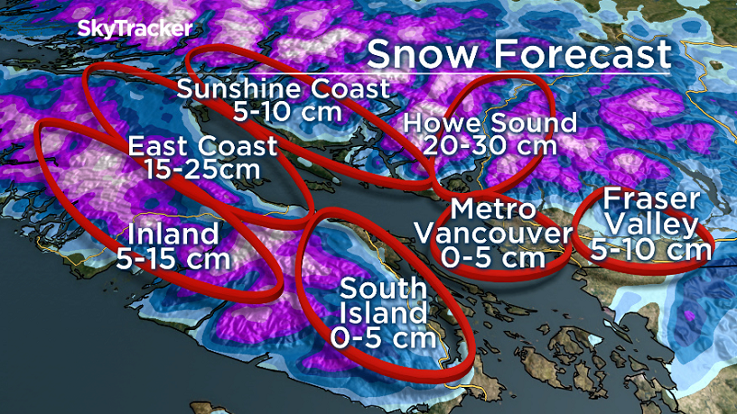 Anticipated snowfall totals for the B.C. South Coast.