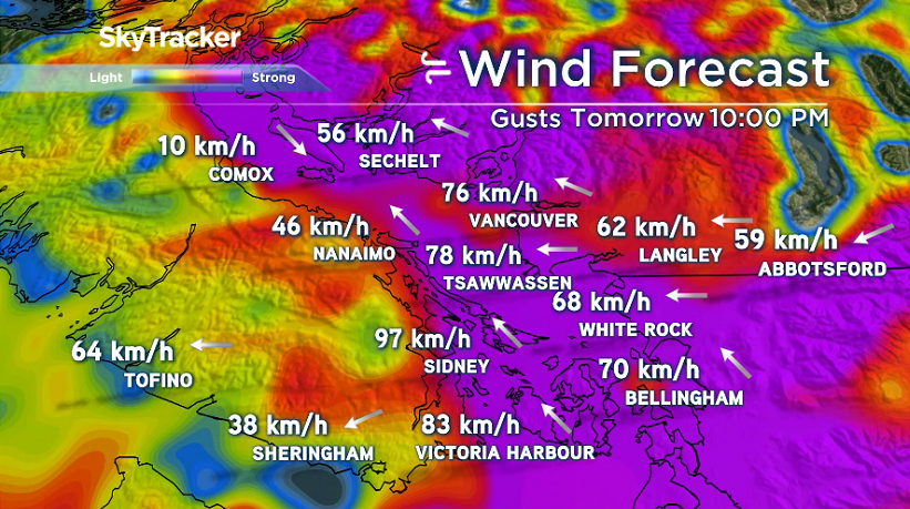 Potential wind strength for Wednesday evening