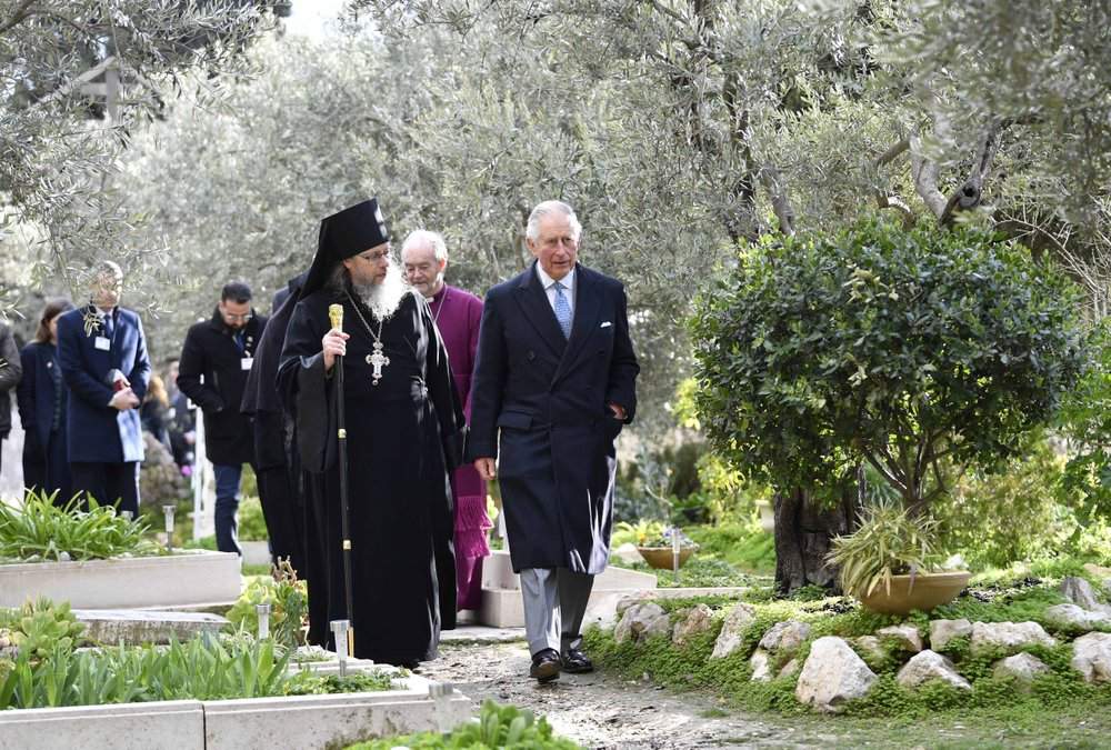 Prince Charles, with head of the Russian Ecclesiastical Mission Father Roman, arrives at the Church of St. Mary Magdalene, where Charles’ grandmother Princess Alice is buried, in Jerusalem, Israel in January 2020.