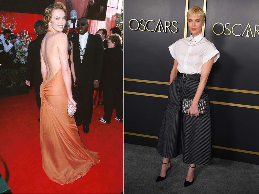 (L-R): Charlize Theron attends the 72nd Annual Academy Awards in 2000 and the 92nd Oscars Nominees Luncheon in January 2020 (Photo by Steve Granitz/WireImage/Getty Images)