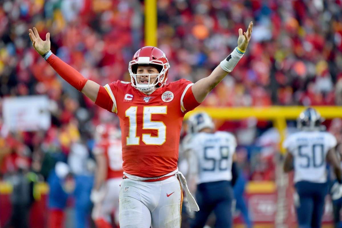 Kansas City Chiefs' Patrick Mahomes celebrates a touchdown pass during the second half of the NFL AFC Championship football game against the Tennessee Titans Sunday, Jan. 19, 2020, in Kansas City, Mo.