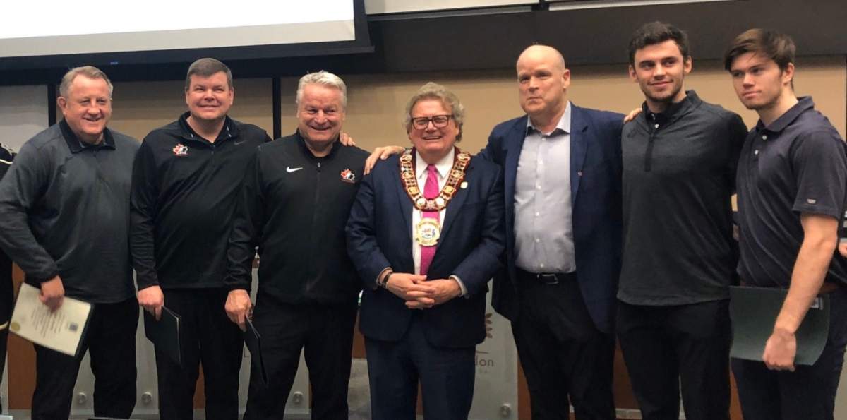 (L-R) Bob Martin, Chris Maton, Dale Hunter, Mayor Ed Holder, Mark Hunter, Liam Foudy and Connor McMichael.
