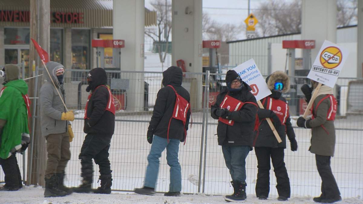 Picketers blocked off the Sherwood Co-op Home Centre and Gas Bar in Regina on Thursday to keep retailers out.